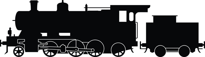 Vintage steam locomotive train silhouette with coal tender for historical transportation industrial heritage railway travel nostalgia engine engineering and antique machinery design element © MdRakib