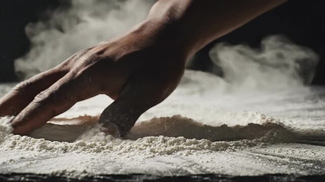 Close-up of hand sifting flour, creating a cloud of dust, baking preparation