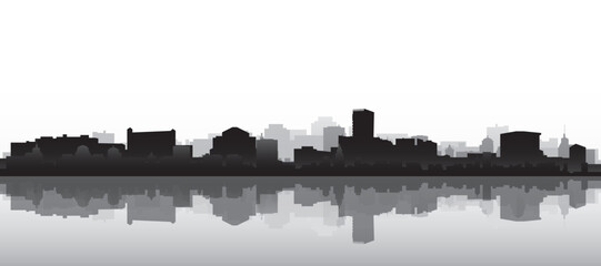 Obraz premium Black and white panoramic poster of the city skyline with misty background buildings and water reflection of ZAGREB, CROATIA