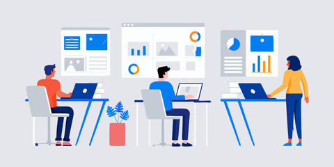 Team collaboration and digital workspace with people using laptops