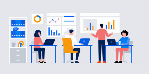 Team collaborating in a modern office space with data visualizations