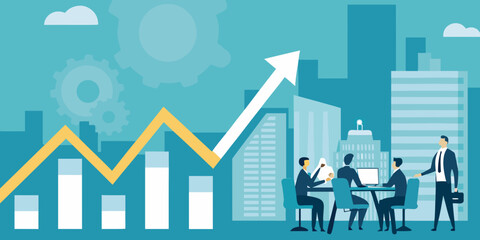Business growth and teamwork illustrated with cityscape and rising graph