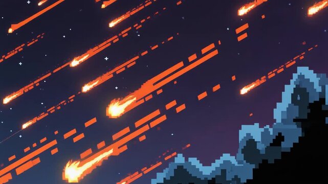 Pixel Meteor Shower Over Night Mountains Retro Game Landscape