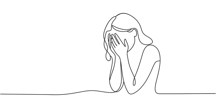 Continuous line drawing of girl covering face with hands, facial expression. Young woman in despair sitting on the bed. Frustration and depression person concept. Female suffering from depression