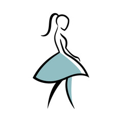 Logotipo de boutique de moda femenina. Dibujo sencillo con líneas de una chica joven andando con un vestido, vista de perfil  © teracreonte