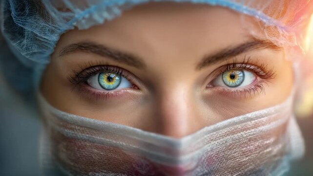 Focused Gaze of a Medical Professional: A close-up view of a medical professional, her eyes convey a sense of dedication and resolve behind her surgical mask and cap.