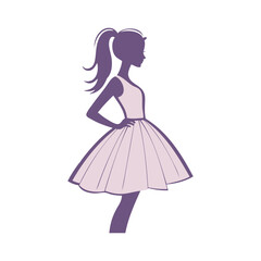 Logotipo de boutique de moda femenina. Dibujo sencillo con líneas de una chica joven de pie con un vestido color morado, vista de perfil  © teracreonte
