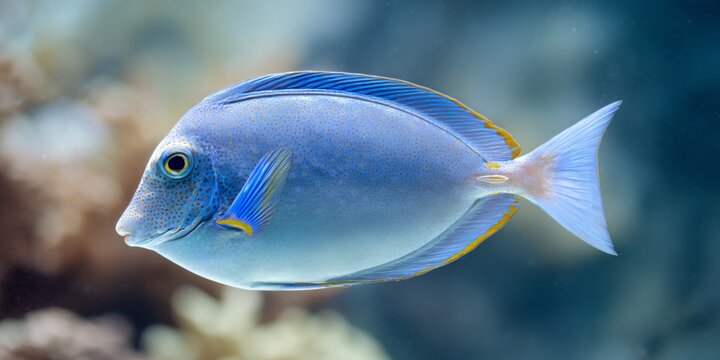 Blue fish with yellow fins swimming in a tank