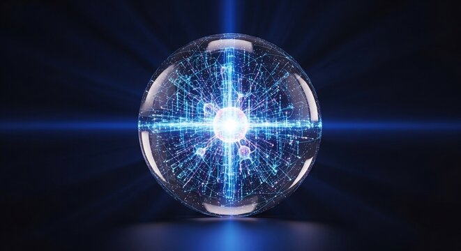 A glowing crystal orb containing a futuristic network hub glows brightly against a dark background viewed from a slight angle