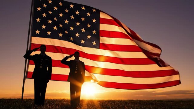 American flag waving with soldiers saluting at sunset