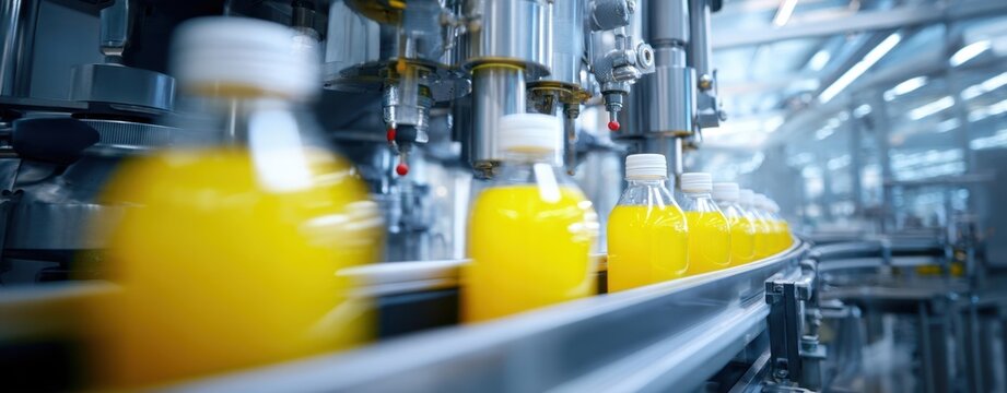 The Bottles of Orange Juice Moving Along an Automated Bottling Line in Factory
