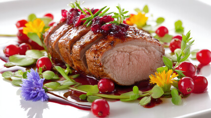 roasted wild boar loin with cranberry sauce gourmet dish