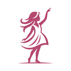 Logotipo de boutique de moda femenina. Dibujo sencillo con líneas de una chica joven de pie con el brazo levantado con un vestido, vista de perfil © teracreonte
