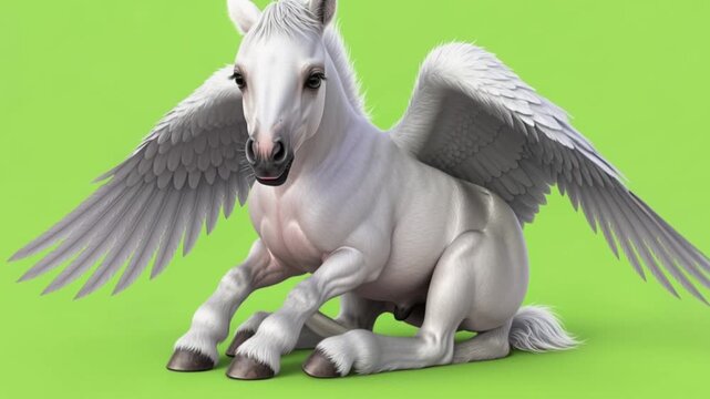 White Pegasus Horse Flying Animation Green Background.