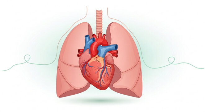 Detailed human heart and lungs anatomy illustration with trachea and blood vessels
