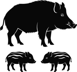Fototapeta premium Wild boar and piglet silhouettes, black animal vector set, forest wildlife illustration, isolated design elements for hunting, nature, and fauna themes