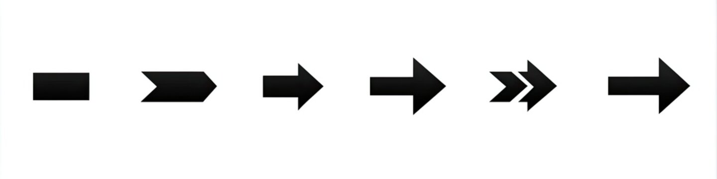 Series of black arrows and a square, progressing towards the right. Shows various designs