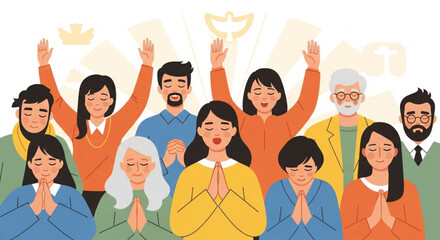 Diverse group of people with hands together in prayer or celebration conveying unity and harmony in a vibrant illustrative style