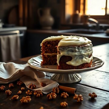 A moody, high-contrast still life photography of a homemade carrot cake on a vintage ceramic plate. Dark rustic kitchen setting, linen napkins, scattered walnuts, and cinnamon sticks. Chiaroscuro ligh