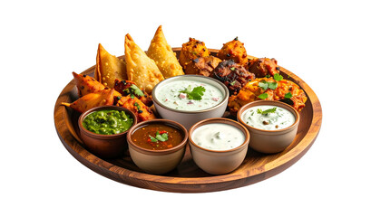 Assortment of Indian appetizers, including samosas, kebabs, and various dipping sauces