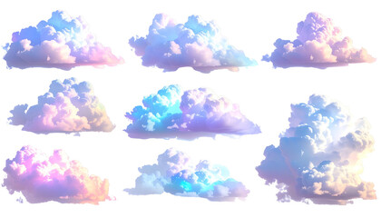 Nine fluffy, pastel-colored cloud illustrations on a black background, various shapes and sizes