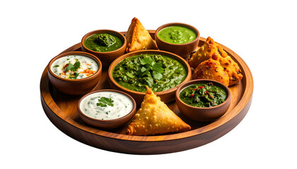 An array of Indian samosas and dipping sauces arranged on a wooden serving platter