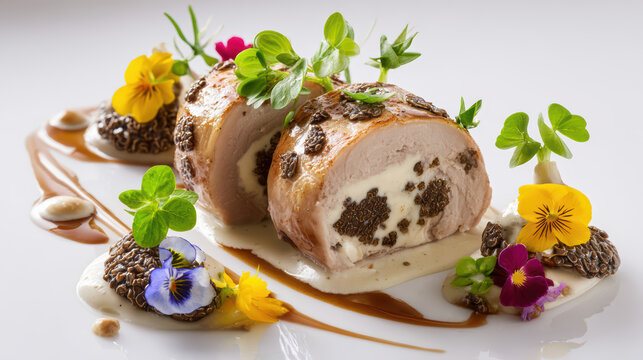 poussin ballotine with foie gras and mushrooms gourmet dish