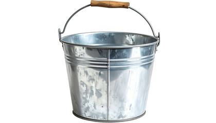 A shiny, metallic pail with a wooden handle, isolated against a solid black background