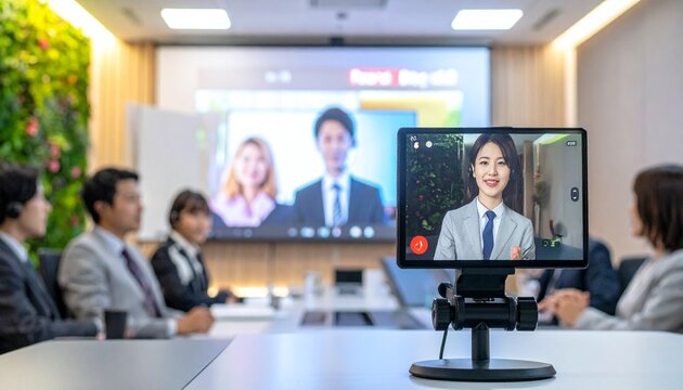 Business meeting in conference room with video call participants.