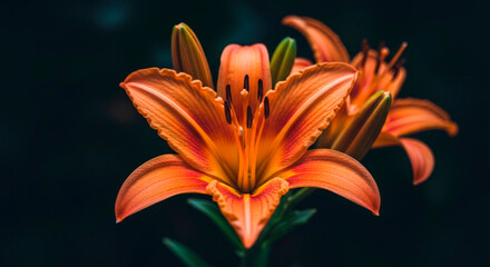 Obraz premium Vibrant orange lily flower in full bloom with detailed stamens against a dark moody background in dramatic low light