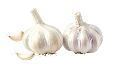 Two whole garlic bulbs with several cloves detached on a transparent background