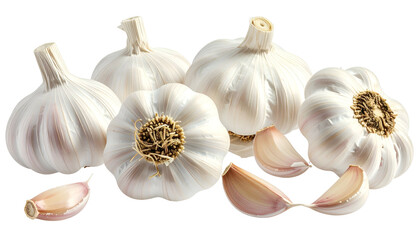 A close-up of several whole garlic bulbs and cloves against a transparent background