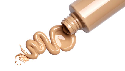 Beige makeup foundation flowing from a tube, swirled on a stark black background