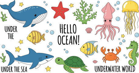 Fototapeta premium Hello Ocean Underwater World Collection with Whale, Shark, Jellyfish, Turtle, Coral and Sea Animals Vector Illustration Set