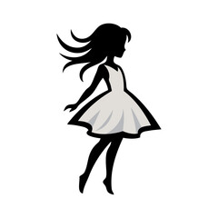 Logotipo de boutique de moda femenina. Dibujo sencillo con líneas de una chica joven de pie con un vestido color gris, vista de perfil  © teracreonte