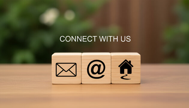 Connect with Us: Email, At-Symbol, and Home Icons on Wooden Blocks