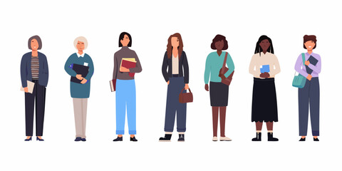 Fototapeta premium Diverse group of professional women standing in a row holding items