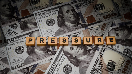 3D Rendered Wooden Blocks PRESSURE on US Dollar Banknotes Background, Financial Stress Economic Pressure and Market Volatility Concept Illustration