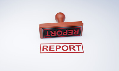 3D Illustration of Report Approval Rubber Stamp with Key on Clean Background, Business Reporting and Data Analysis Concept