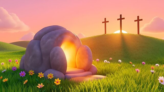 A serene, stylized landscape featuring an open, glowing empty tomb in a flowery meadow with three crosses silhouetted against a vibrant sunrise, representing Easter and hope.