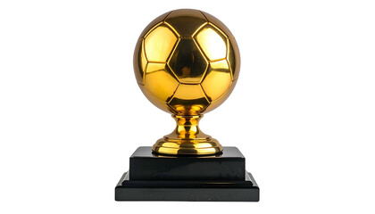 Golden soccer ball trophy on a black base, isolated against a solid black background