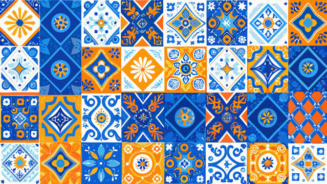 A vibrant pattern of blue and orange decorative ceramic tiles