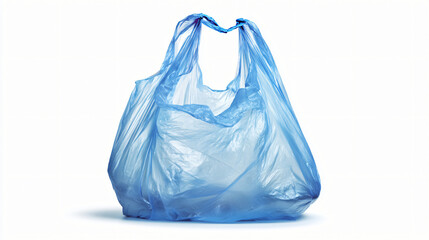 Crinkled blue plastic bag with tied handles isolated on white