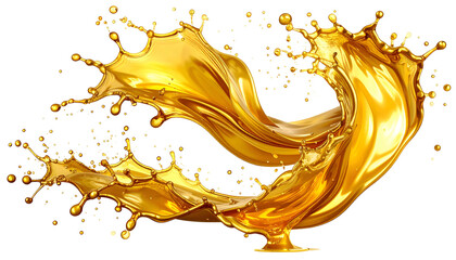 Dynamic splash of golden liquid, artfully shaped and illuminated, radiating energy