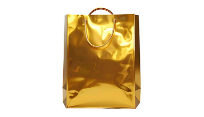 3D rendered gold shopping bag with handles, reflective surface, isolated on black background