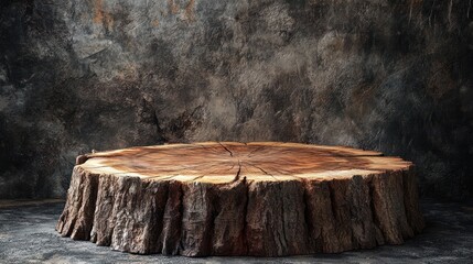 Fototapeta premium Rustic Wood Podium: A weathered, circular wood podium stands prominently against a textured, dark backdrop, exuding natural charm and providing a captivating stage.