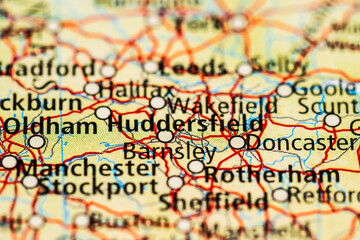 Detailed atlas map featuring Huddersfield Barnsley and Doncaster area.