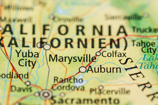 Close up map of Northern California showing Marysville Auburn region.