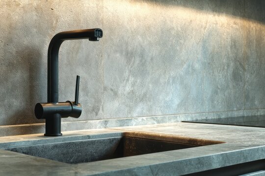 Modern black kitchen faucet and concrete sink create a stylish setup.