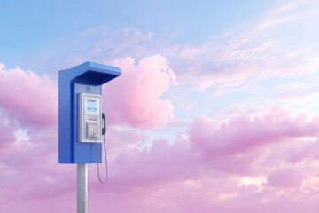 a blue pay phone on top of the world, pink clouds in the sky, sun rays